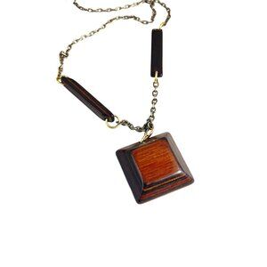 Vintage Wood & Metal Pendant Necklace With Geometric Design & Long Chain For Wom